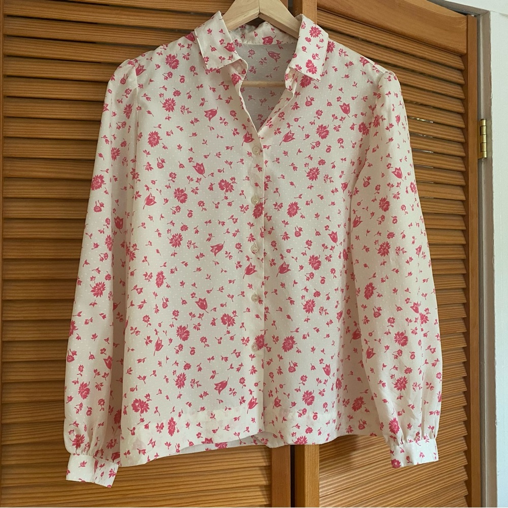 Vintage cream and pink floral silk puff sleeve blouse